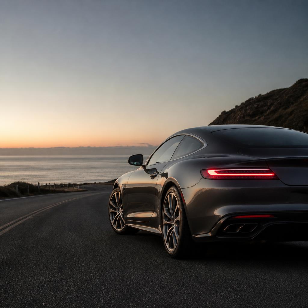 Graphite luxury grand touring vehicle on a California coastal road